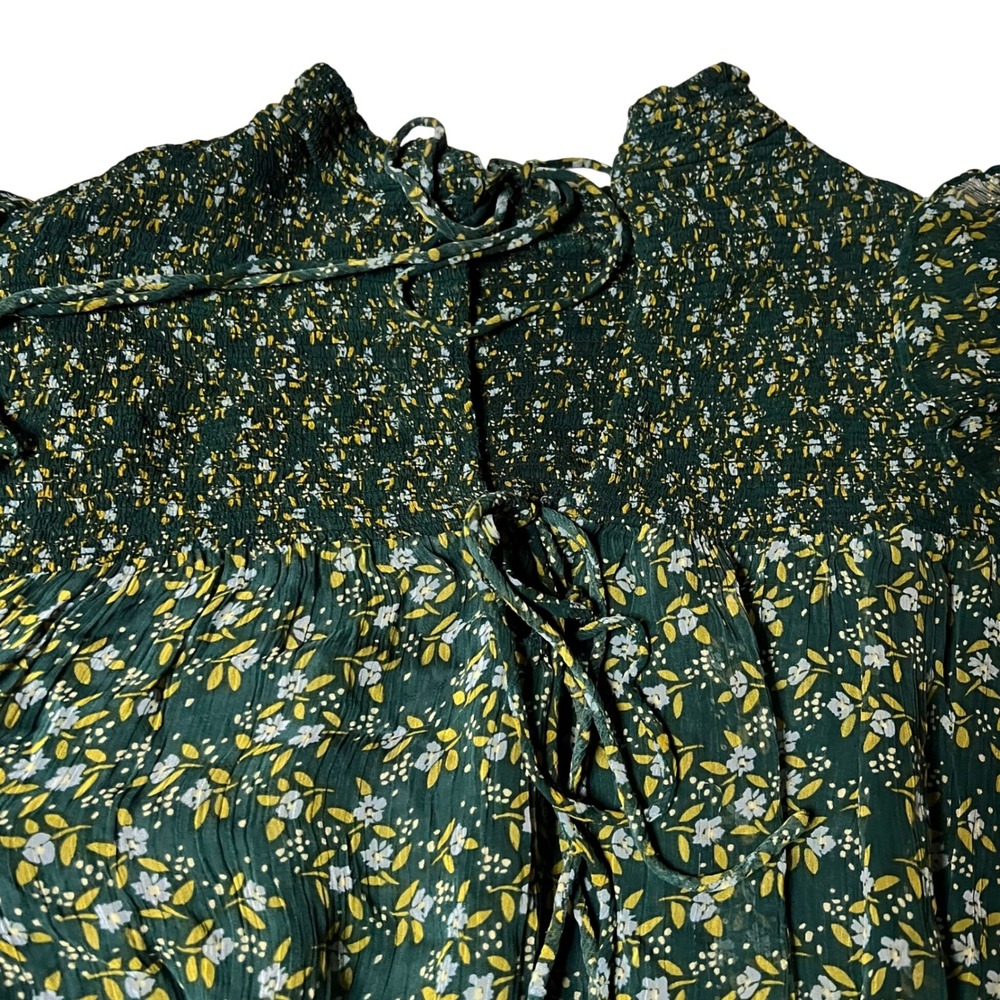 Free People Floral Smocked Crinkle Blouse Green Long Sleeve Ruffle Top XL - Picture 7 of 10